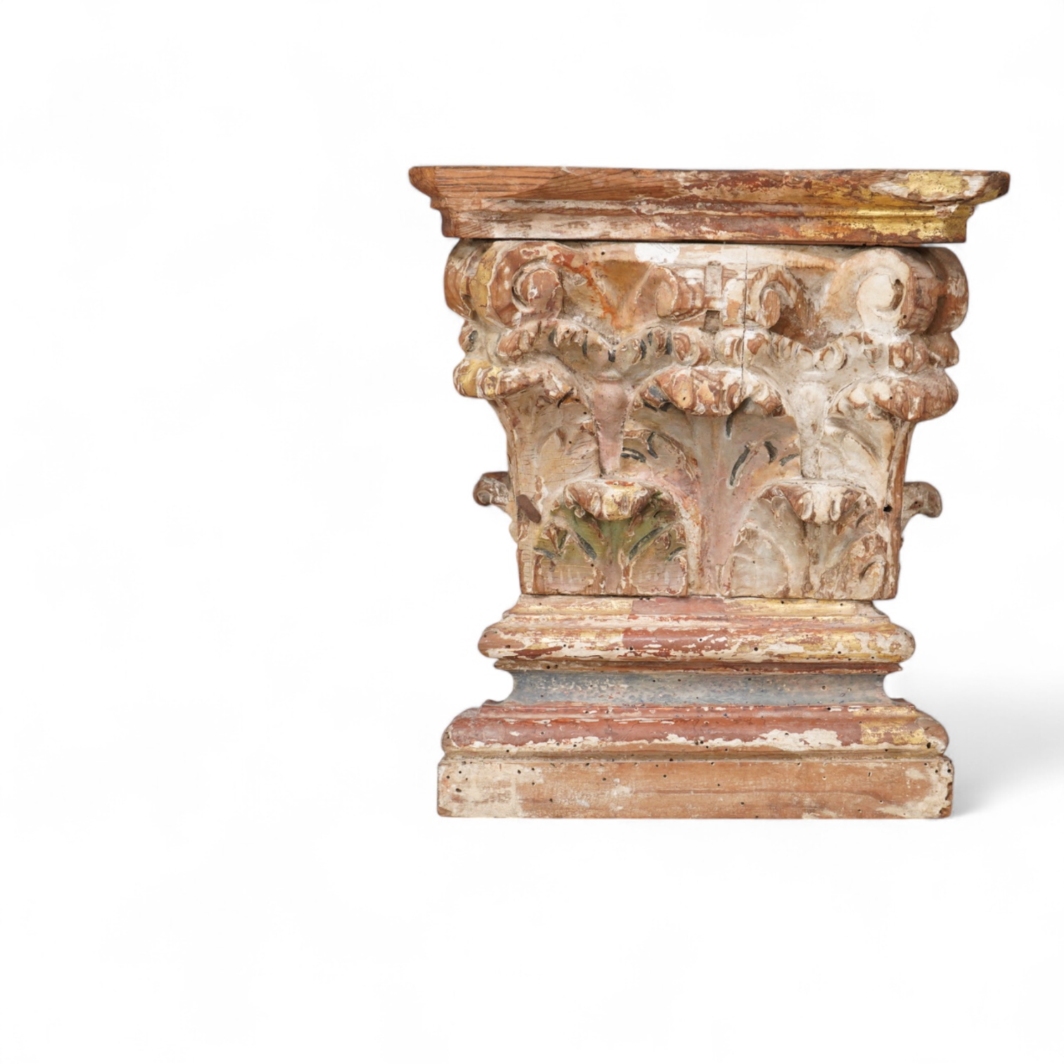 An antique architectural giltwood Corinthian capital for a pilaster, 28cm high